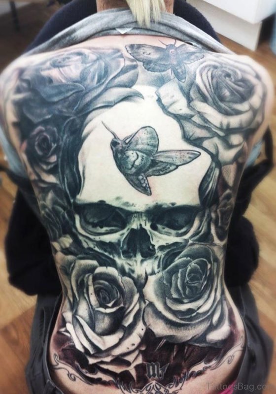 Skull And Rose Tattoo On Back