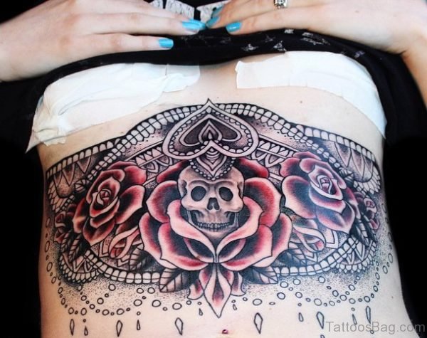 Skull And Rose Tattoo On Stomach 