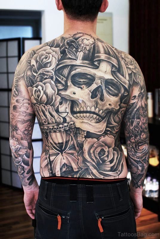 Skull And Roses Tattoo On Back