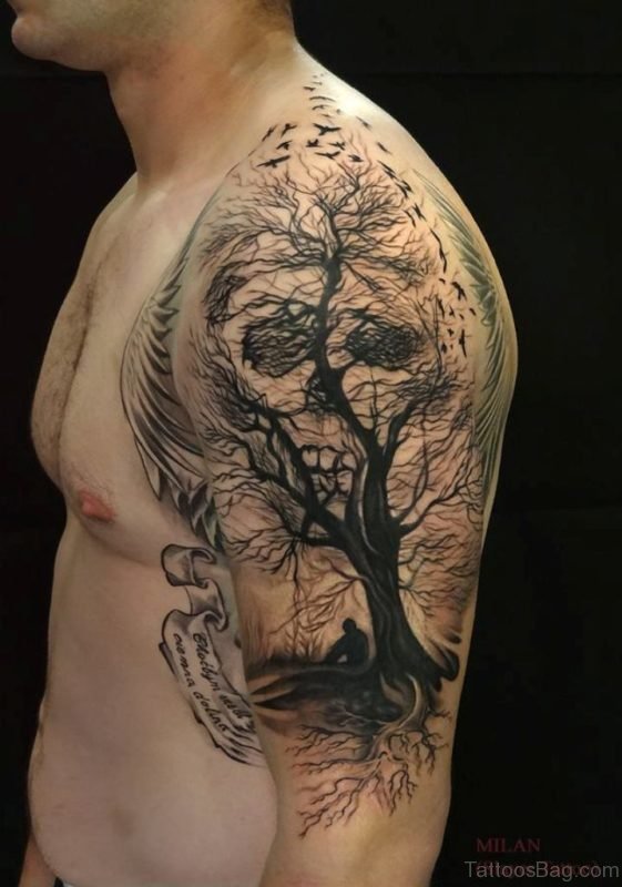 Skull And Tree Tattoo On Shoulder 