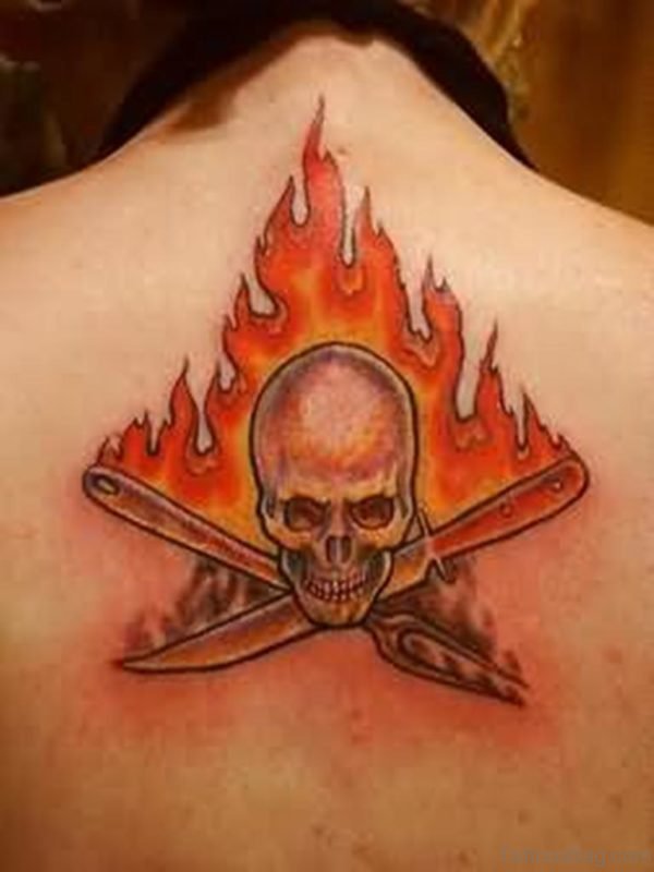 Skull Fire nd Flame Tattoo On Upper Back