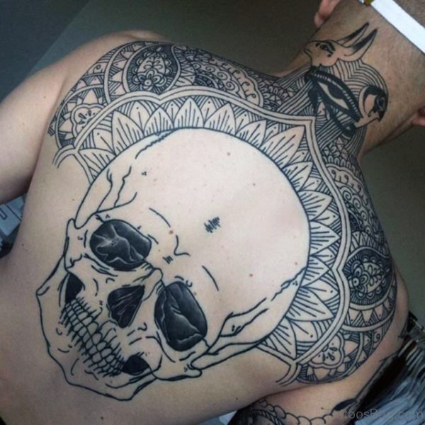 Skull Ornate Pattern Male Upper Back Tattoo