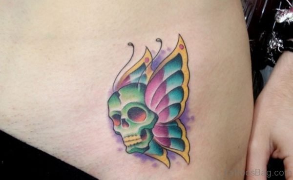 Skulled Butterfly Tattoo On Waist 