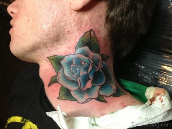 Sky Blue Rose Shade Tattoo On Neck