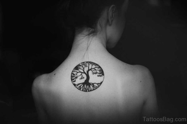 Small Tree Of Life Circle Tattoo On Upper Back