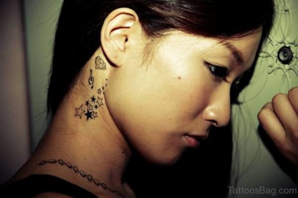 Stars And Diamond Tattoo On Neck 