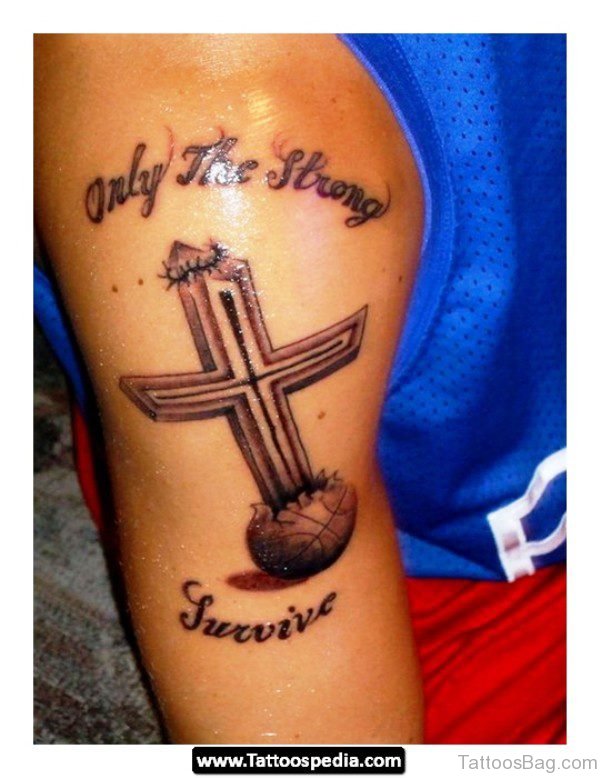 Strong Survive Cross On Basketball Tattoo