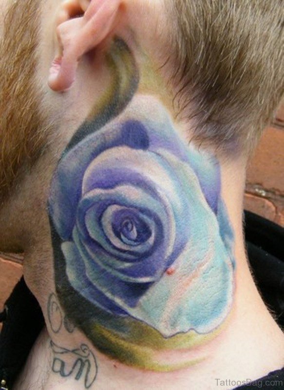 Stunning Blue Rose Tattoo On Neck