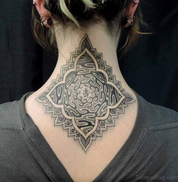 Stunning Grey Mandala Neck Tattoo Design