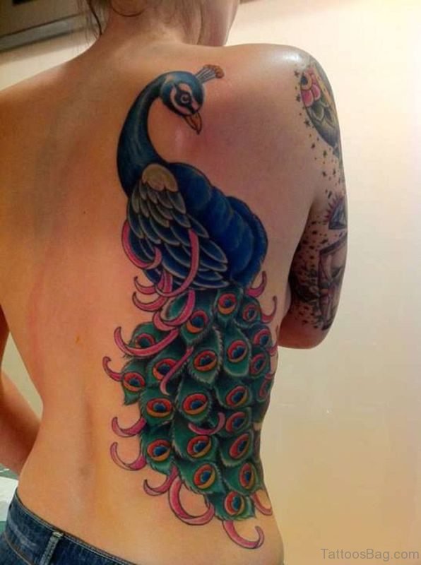 Stunning Peacock Tattoo Design On Back