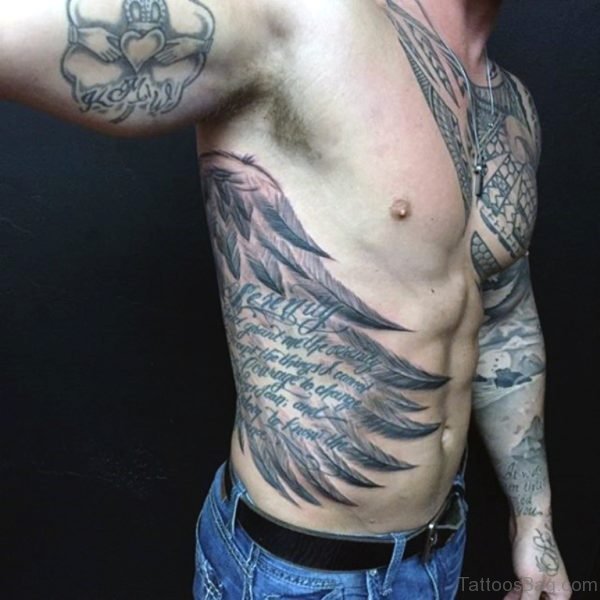 Stunning Wing And Wording Tattoo