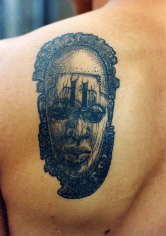 Stylish African Girl Face Tattoo On Left Back Shoulder 