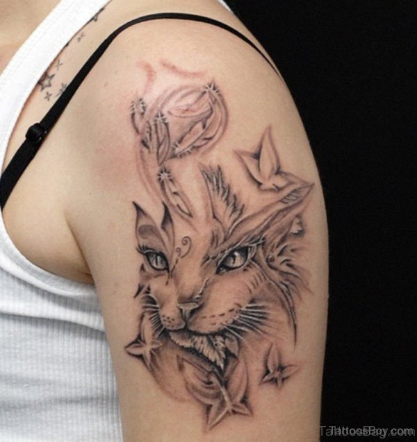 Stylish Cat Tattoo On Shoulder