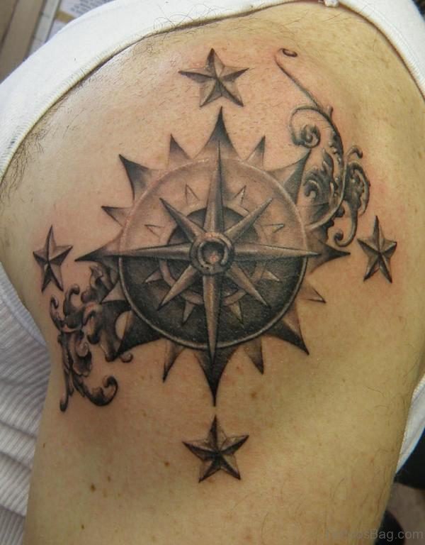Stylish Compass Tattoo On Shoulder