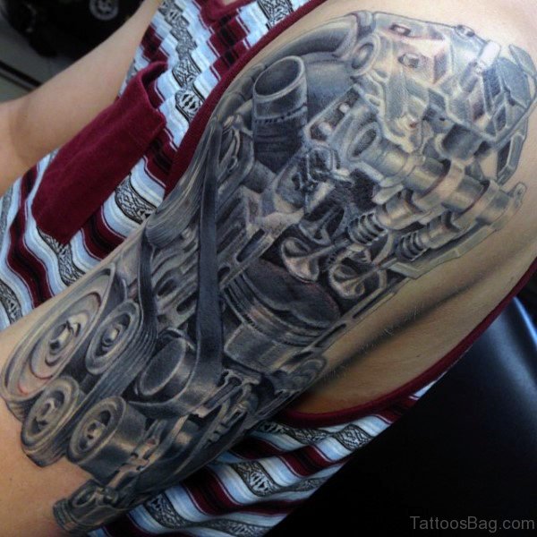 Stylish Mechanical Tattoo On Shoulder 