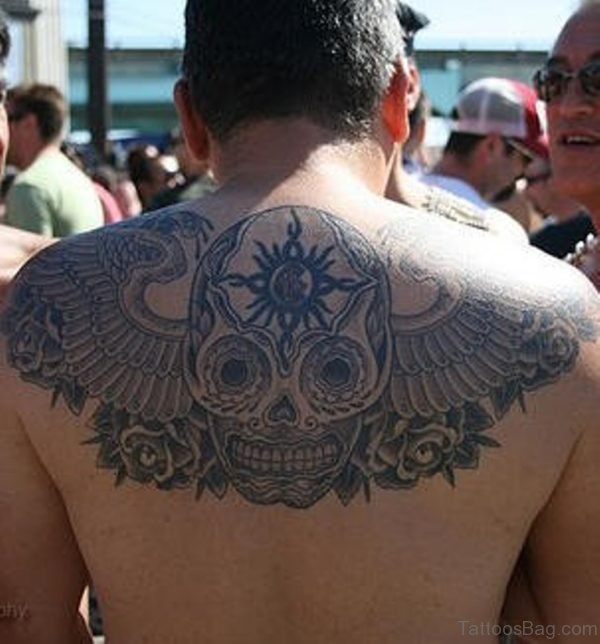 Sugar Skull Tattoo On Upper Back