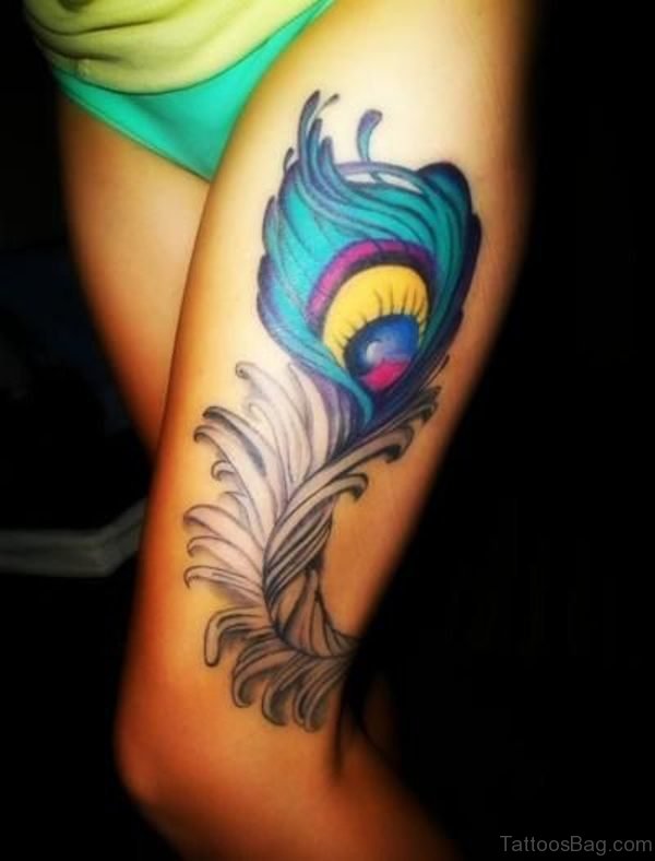Sweet Big Peacock Feather Tattoo On Thigh