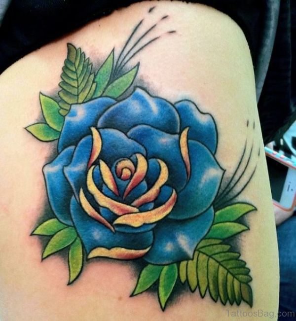 Sweet Blue Rose Tattoo On Thigh