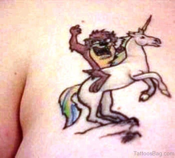 Taz nd Unicorn Tattoo On Back Shoulder