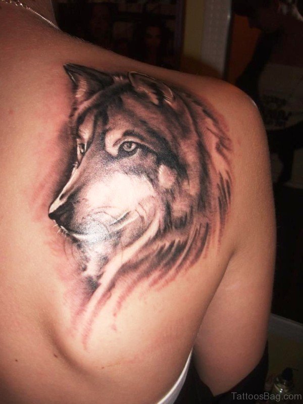 Terrfic Wolf Face Tattoo On Back Shoulder