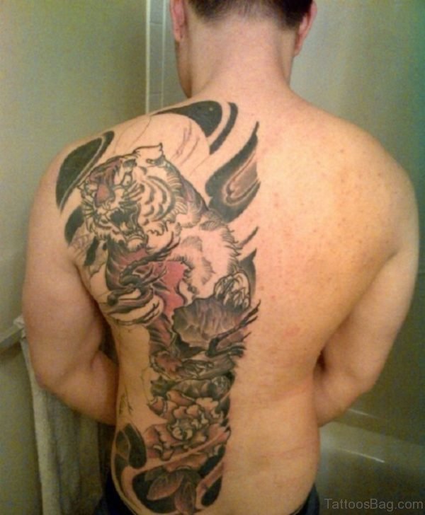 Tiger And Tribal Tattoo On Back