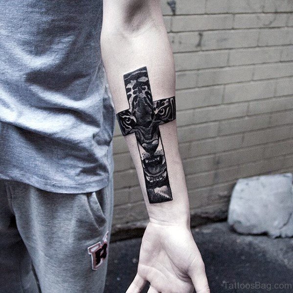 Tiger Cross Tattoo On Wrist 