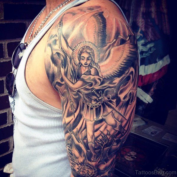 Traditional Archangel Tattoo On Shoulder