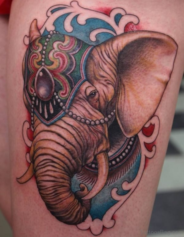 Traditional Elephant Thigh Tattoo
