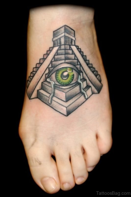 Traditional Eye In Mayan Pyramid Tattoo On Foot