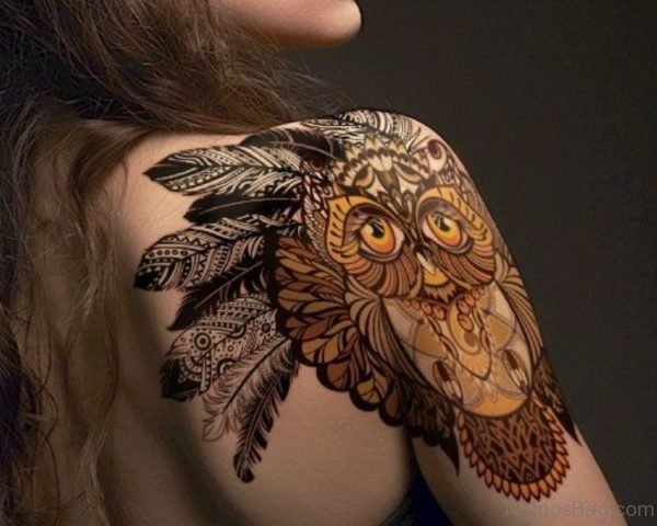 Traditional Owl Tattoo On Shoulder