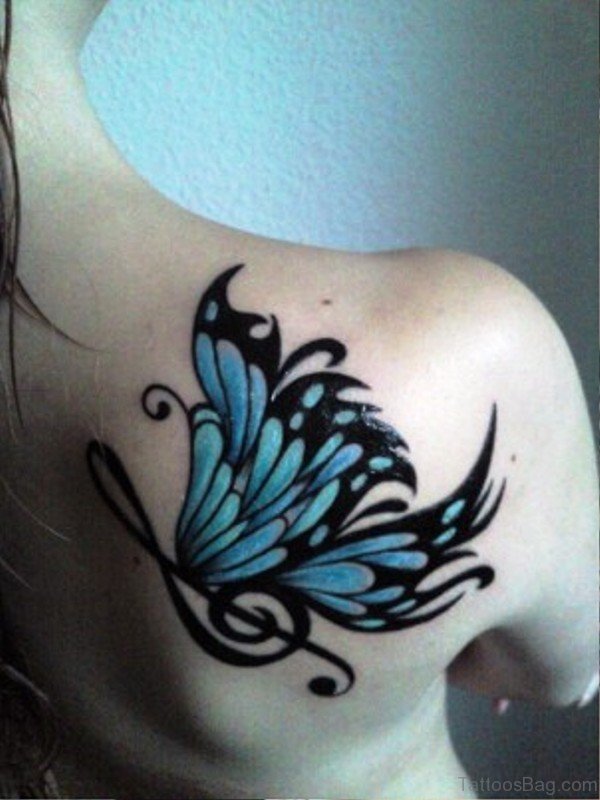 Treble Clef Butterfly Tattoo On Shoulder