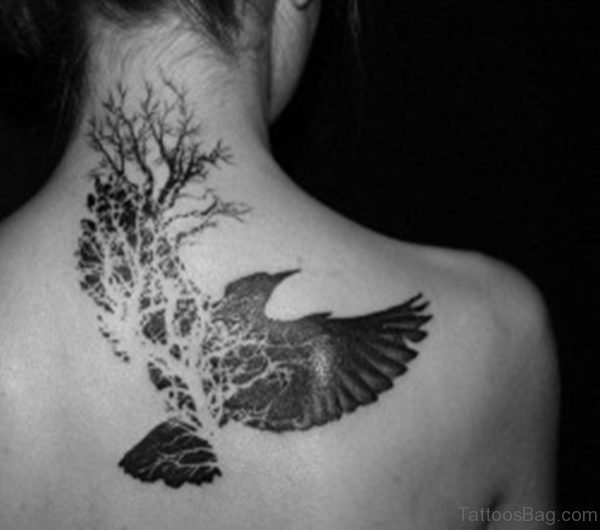 Tree And Bird Tattoo On Nape