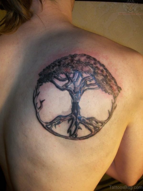 Tree Of Life Peace Tattoo On Right Back