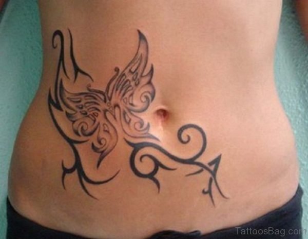 Tribal And Butterfly Tattoo On Girl Waist