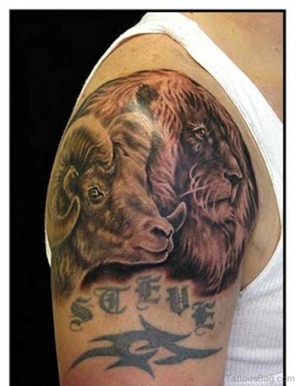 Tribal And Goat Heads Aries Tattoo On Man Right Shoulder