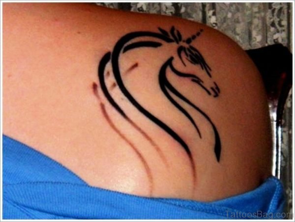 Tribal Black Unicorn Tattoo On Shoulder
