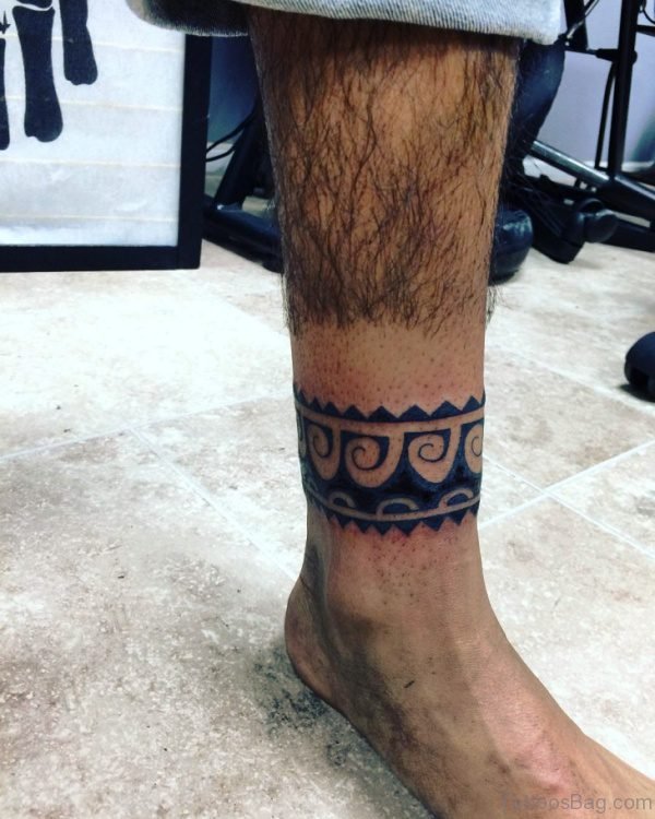 Tribal Blue Band Tattoo On Leg