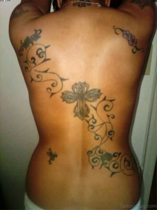 Tribal Cross Vine Tattoo On Back