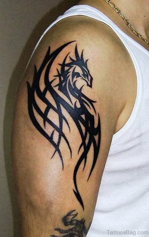 Tribal Dragon Tattoo On Shoulder