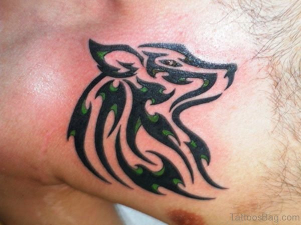Tribal Green Alpha Wolf Tattoo On Chest