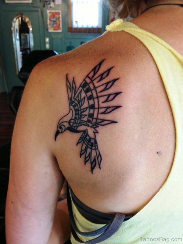 Tribal Piegon Tattoo On Back Shoulder