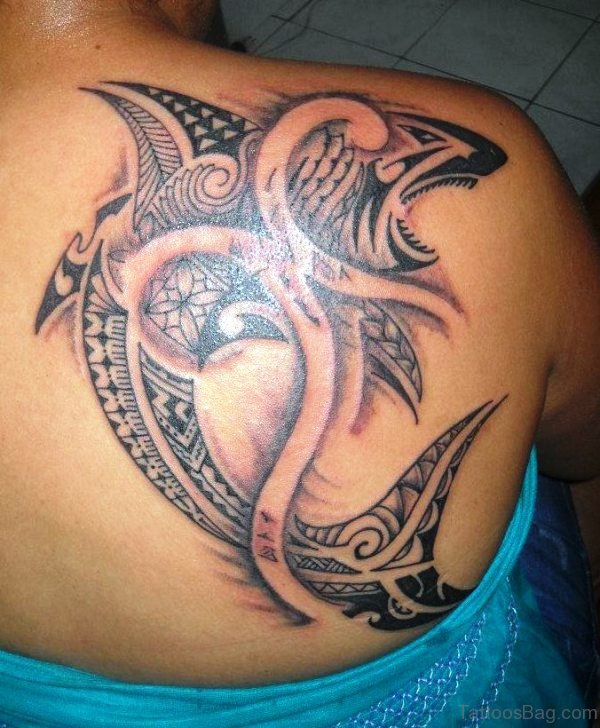 Tribal Shark Tattoo On Back Shoulder