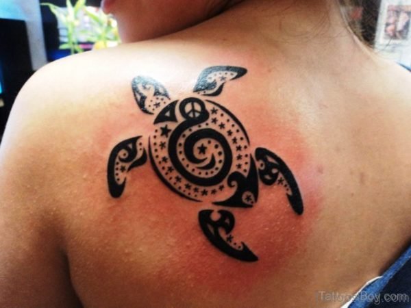 Tribal Turtle Tattoo On Back Shoulder