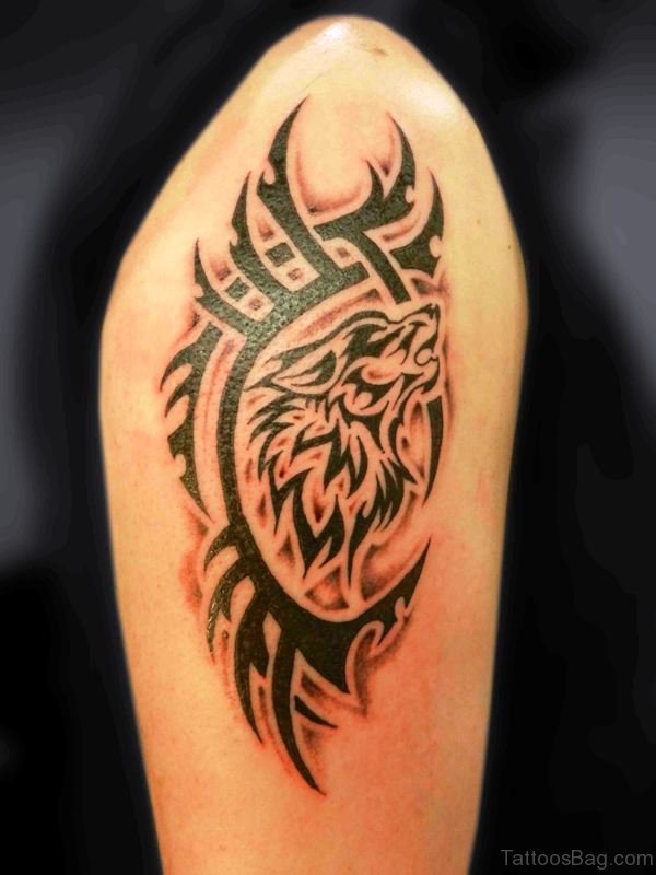 Tribal Wolf Tattoo On Shoulder