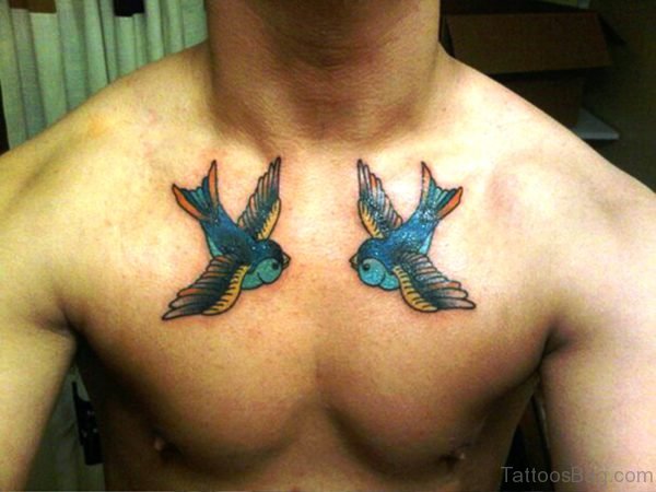 Two Blue Birds Tattoo On Chest