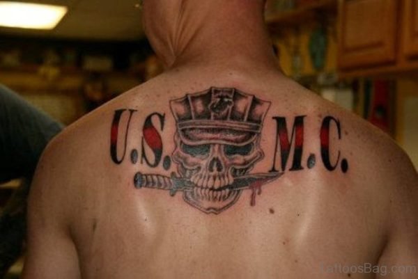 USMC Army Skull Tattoo On Upper Back