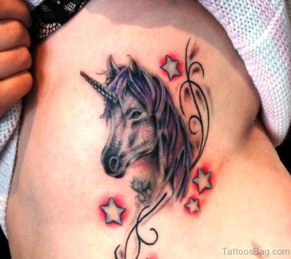 Unicorn With Stars Tattoo On Rib