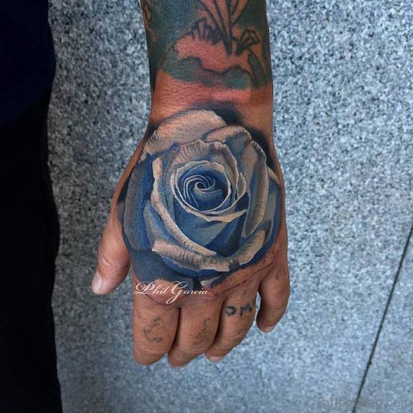 Unique Blue Roose Tattoo On Hand