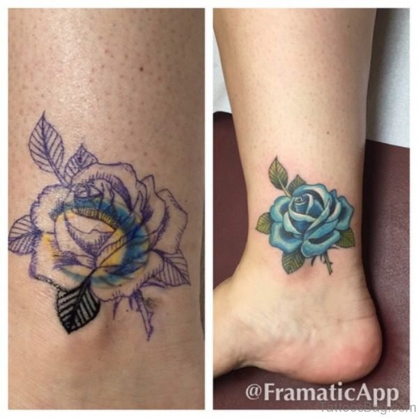 Unique Blue Rose Ankle Tattoo