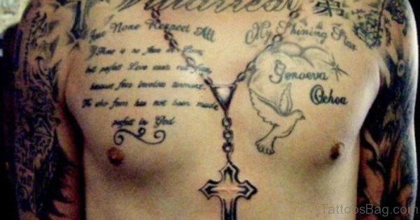 Unique Rosary Chest Tattoo For Men